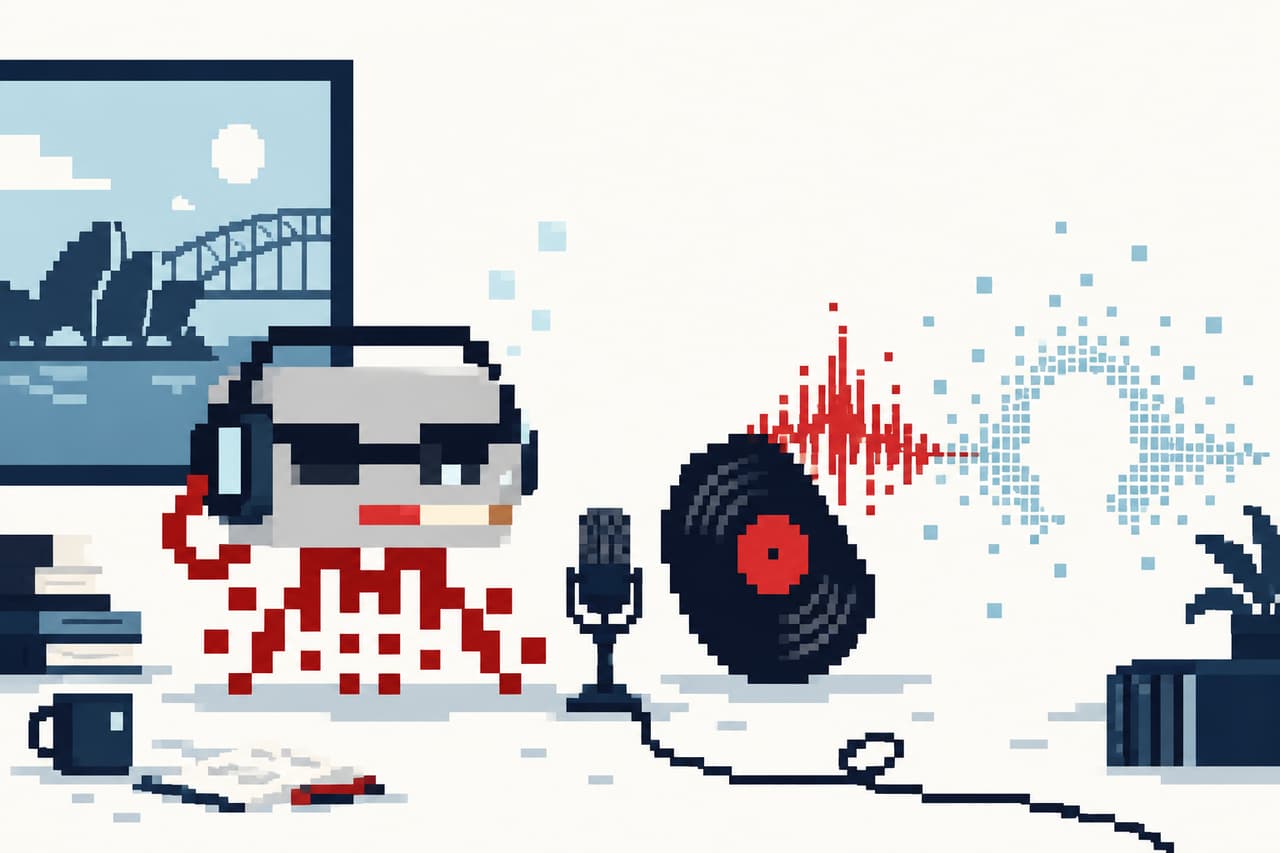 Yue Fu’s jellyfish with headphones, a microphone, a record, and sound waves.