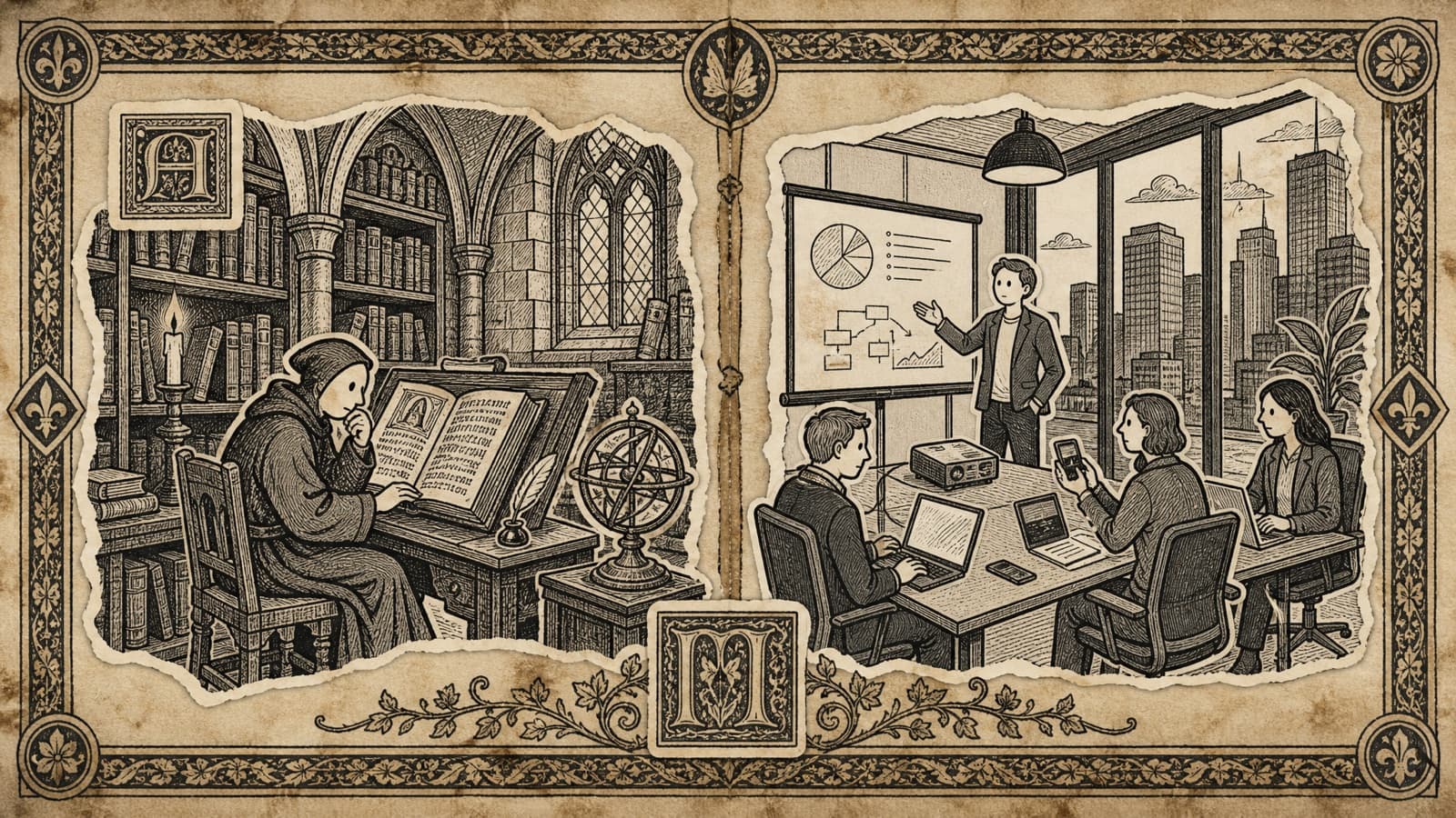 A woodcut-style split scene comparing a medieval cleric studying manuscripts with modern industry experts in a presentation