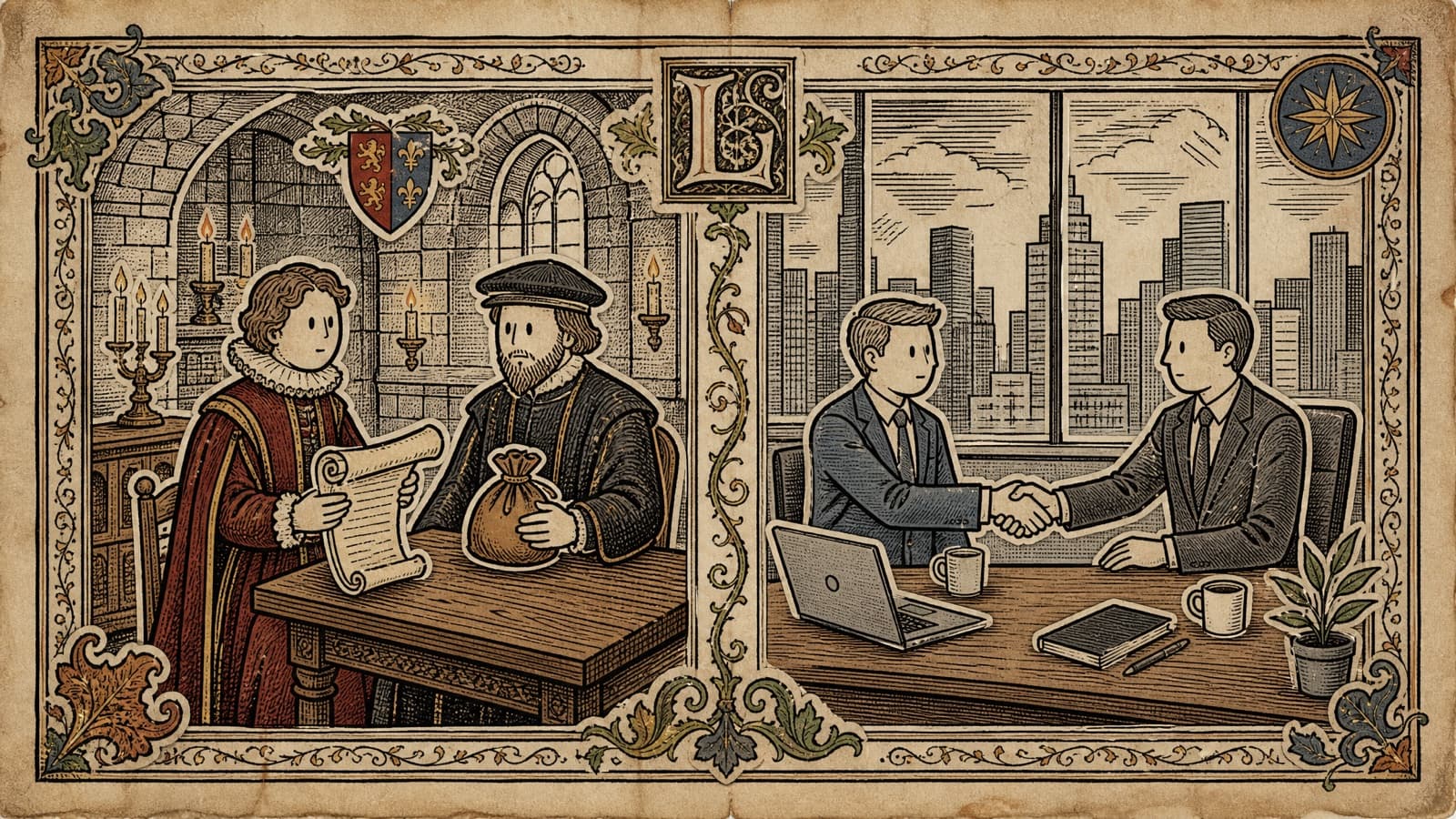 A woodcut-style split scene comparing medieval nobles exchanging wealth with modern investors making a business deal