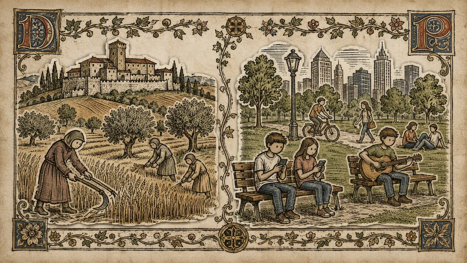 A woodcut-style split scene comparing medieval agricultural workers with the modern broader public in a city park