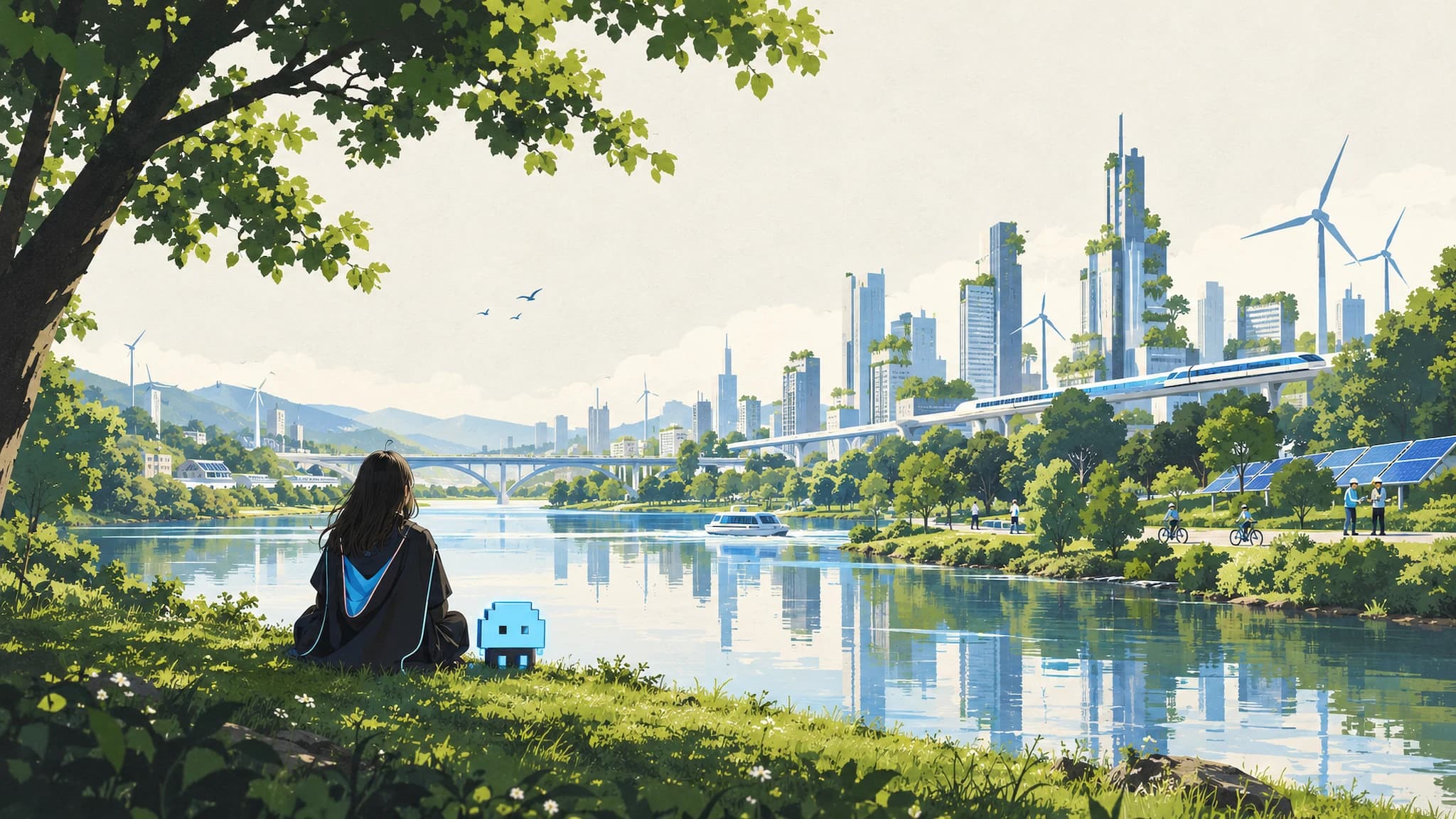 A green riverside city with renewable energy, public transport, and an AI companion beside a person.